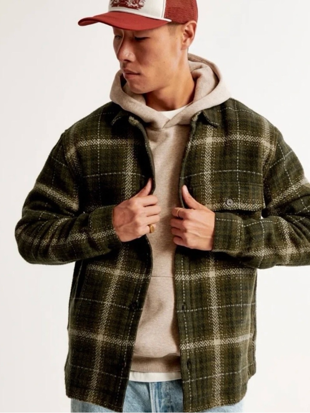 Abercrombie & Fitch A&F Mens Heavyweight Flannel Jacket Sweater Dark Green Plaid